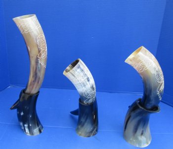 Wholesale Cattle/Cow drinking horn with carved bird design 13 to 15 inch - 2 pcs @ $16.50 each; 8 pcs @ $14.85 each 