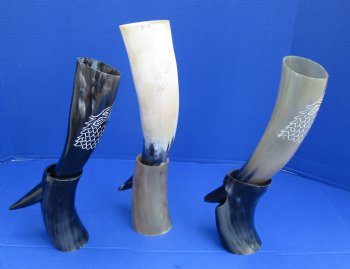 Wholesale Cattle/Cow Drinking horns with a Carved Wolf Design and horn stand 13 to 16 inch - 2 pcs @ $16.50 each; 8 pcs @ $14.85 each 