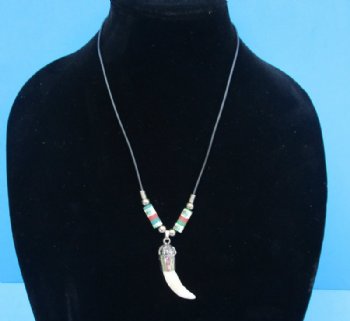 3/4 to 1-1/2 inch Alligator Tooth Necklace with tiny silver gator, Mexican flag beads 20 inches - 3 pcs @ $4.25 each; 12 pcs @  $3.75 each