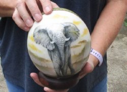 Decoupage Ostrich Egg with wood bangle stand - 3D Elephant and African map design - $45