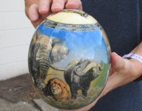 Decoupage Ostrich Egg with wood bangle stand - African big 5 and African map design - 6 inches tall - $45