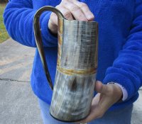 Ox horn mug, Cow horn mug half polished and half rustic carved measuring 8" tall - $36