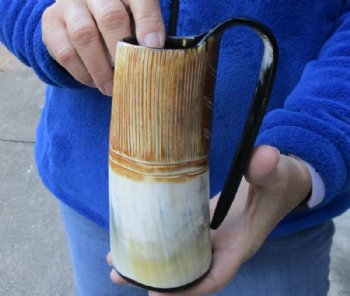 Ox horn mug, Cow horn mug half polished and half rustic carved measuring 6-1/2" tall - $29