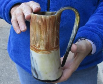 Buffalo horn mug, Cow horn mug half polished and half rustic carved measuring 6-1/2" tall for $29