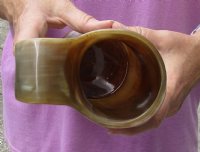 Polished Cow Horn Mug, Buffalo Horn Mug with wood base/bottom measuring approximately 8-1/2 inches tall. Buy today for $36