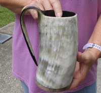 Polished Cow Horn Mug, Buffalo Horn Mug with wood base/bottom measuring approximately 7 inches tall. Available for sale for $30