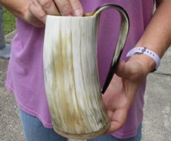 Polished Ox Horn Mug, Cow Horn mug with wood base/bottom measuring approximately 7 inches tall. Buy now for $30