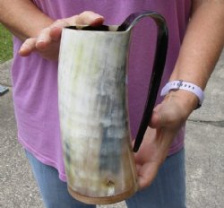 Polished Buffalo Horn Mug, Ox Horn Mug with wood base/bottom measuring approximately 7-1/2 inches tall. Buy now for $30