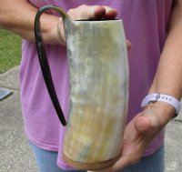 Polished Buffalo Horn Mug, Ox Horn Mug with wood base/bottom measuring approximately 7-1/2 inches tall. Buy now for $30