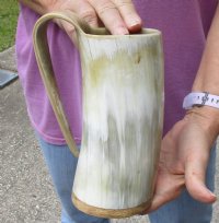 Polished buffalo horn mug with wood base/bottom measuring approximately 7 inches tall. You are buying the horn mug pictured for $30