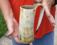 Polished Buffalo Horn Mug, Cow Horn Mug with wood base/bottom measuring approximately 7 inches tall. For sale for r $27