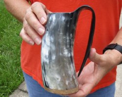 Polished Buffalo Horn Mug, Cow Horn Mug with wood base/bottom measuring approximately 7 inches tall. Available today for $27