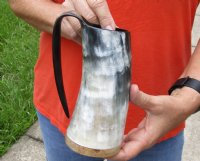 Polished Buffalo Horn Mug, Cow Horn Mug with wood base/bottom measuring approximately 7 inches tall. Available today for $27