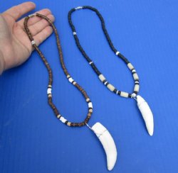 2 pc Coconut bead necklaces with 2-1/2 and 2-3/4 inch Alligator tooth wrapped with a silver color wire - $28/lot
