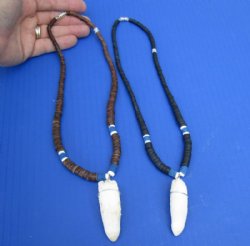 2 pc Coconut bead necklaces with 2 and 2-1/4 inch Alligator tooth wrapped with a silver color wire - $20/lot