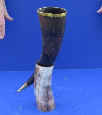 Carved Polished Buffalo Drinking horn and Horn Stand 12 inches $29