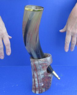 Carved Polished Buffalo Drinking horn and Horn Stand - $21