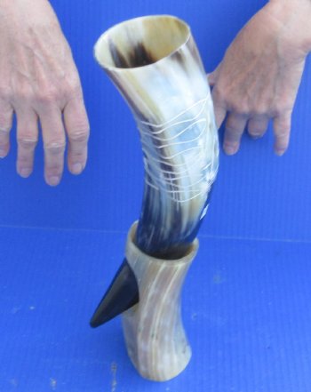 Carved Polished Buffalo Drinking horn and Horn Stand - $23