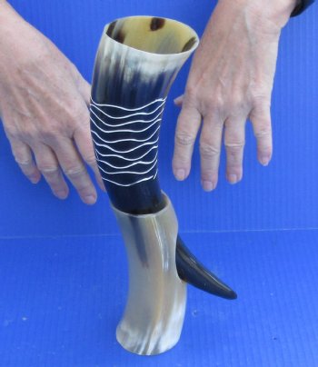 Carved Polished Buffalo Drinking horn and Horn Stand - $16