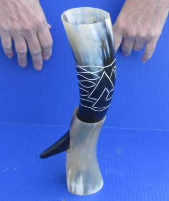 Carved Polished Buffalo Drinking horn and Horn Stand - $16