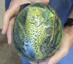 6 inch tall Decoupage Ostrich Egg with 3D Leopard - $45
