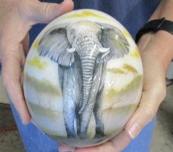 5-1/2 inch tall Decoupage Ostrich Egg with 3D Elephant - $40