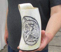 Polished Buffalo Horn Mug, Ox Horn Mug with carved design 7 inches tall. Available for sale for $30