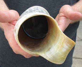 Polished Buffalo Horn Mug, Ox Horn Mug with carved design 7 inches tall - For Sale for $30