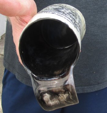 Polished Buffalo Horn Mug, Cow Horn Mug with carved design 7 inches tall. Available for sale for $30