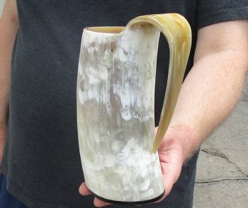 Polished Buffalo Horn Mug, Cow Horn Mug with carved design 7-1/4 inches tall. For sale for $30