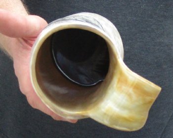 Polished Buffalo Horn Mug, Cow Horn Mug with carved design 7-1/4 inches tall. For sale for $30