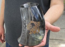 Polished Ox Horn Mug, Cow Horn Mug with carved face design 6-1/4" tall. Available to Buy for $15