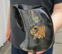 Polished Ox Horn Mug, Cow Horn Mug with carved face design 6" tall. For Sale for $15