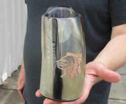 Polished Buffalo Horn Mug, Ox Horn Mug with carved face design 6-1/4" tall.  Buy Now for $30