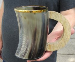 5-1/2" Polished Buffalo Horn Mug, Ox Horn Mug with rounded wood handle. Available to buy today for $30