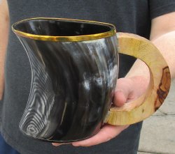 5-1/2" Polished Buffalo Horn Mug, Ox Horn Mug with rounded wood handle. For sale for $30