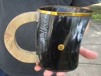 5-3/4" Polished Buffalo Horn Mug, Cow Horn Mug with rounded wood handle. Available for purchase for $30