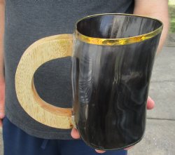 5-1/2" Polished Buffalo Horn Mug, Cow Horn Mug with rounded wood handle. For Sale for $30