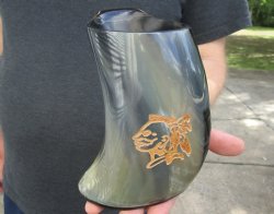 Polished Ox Horn Mug, Cow Horn Mug with carved face design 6-1/4" tall. Buy now for $30