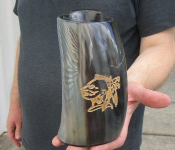 Polished Ox Horn Mug, Cow Horn Mug with carved face design 6-1/4" tall. Available now for $30