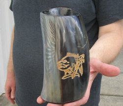 Polished Ox Horn Mug, Cow Horn Mug with carved face design 6-1/4" tall. Available now for $30