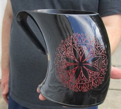 Polished Buffalo Horn Mug, Cow Horn Mug with carved red emblem design 6-1/4" tall. Buy this mug now for $30