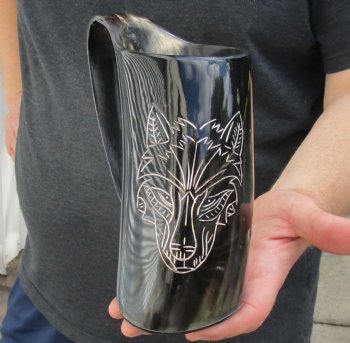 Polished Buffalo Horn Mug, Cow Horn Mug with carved wolf design 6-3/4" tall. For sale $16