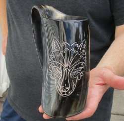 Polished Buffalo Horn Mug, Cow Horn Mug with carved wolf design 6-3/4" tall. For sale $32