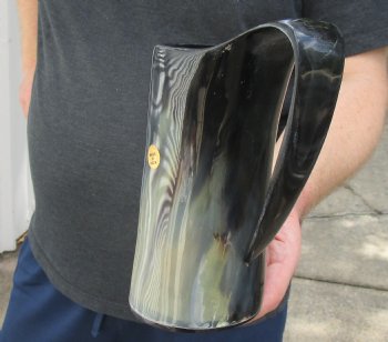 Polished Buffalo Horn Mug, Cow Horn Mug with carved wolf design 6-3/4" tall. For sale $16