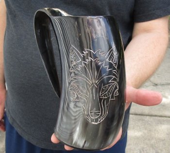 Polished Ox Horn Mug, Cow Horn Mug with carved wolf design 6-1/2" tall. Available now for $32