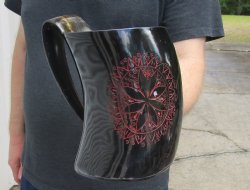 Polished Ox Horn Mug, Cow Horn Mug with carved red emblem design 7" tall.  Buy this Mug now for $30