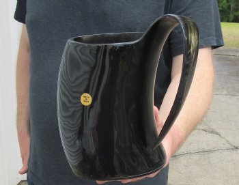 Polished Ox Horn Mug, Cow Horn Mug with carved red emblem design 7" tall.  Buy this Mug now for $30