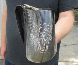 Polished Buffalo Horn Mug, Ox Horn Mug with carved wolf design 6-1/2" tall. For Sale for $32