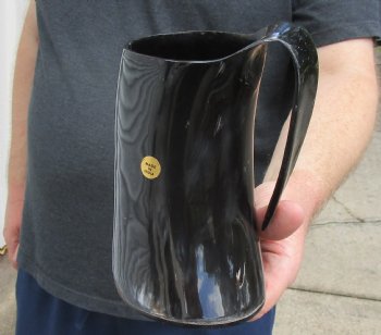 Polished Buffalo Horn Mug, Ox Horn Mug with carved wolf design 6-1/2" tall. Buy now for $32